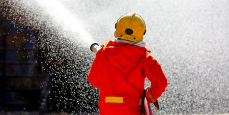 Fireman firefighter on duty fire fighting, Fireman firefighter spraying high pressure water, Fireman...