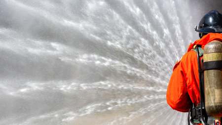 Fireman firefighter on duty fire fighting, Fireman firefighter spraying high pressure water, Fireman...