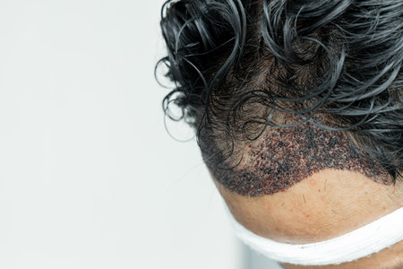 Man head with hair transplant surgery with receding hair line, FUE, Follicular unit extraction types of hair transplant procedure, Hair transplant patient fue, fue method hair transplant and hair loss.の写真素材