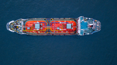 Aerial view oil tanker ship oil depot terminal storage petroleum petrochemical refinery product, Global Business energy tanker ship logistic transportation oil industry crude oil fuel by tanker ship.の写真素材