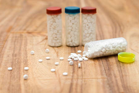 selective focus of homeopathic medicine bottle.world homeopathy day.の写真素材