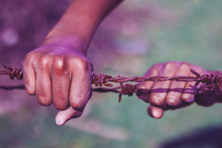 A man is standing with a thorn in his hand.Symbol of freedom. Symbol of Human rights.