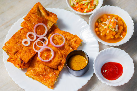 selective focus of delicious Indian food Mughlai Paratha is ready to eat.の写真素材