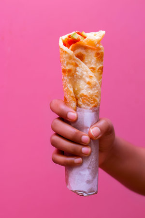 famous Indian street food egg roll is holding by a lady.
