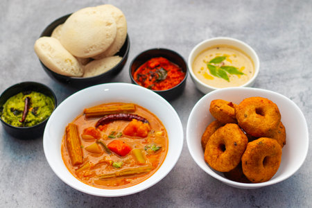 Indian Spicy Vegetable Curry with Samosas, Aloo Rangoli or Kachori, served in a bowl. selective...