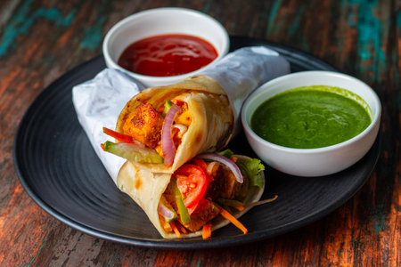 selective focus of Indian food "Paneer Roll" or "paneer kathi roll".の写真素材