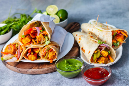 selective focus of Indian food Paneer Roll or paneer kathi roll.