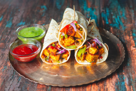 selective focus of Indian food "Paneer Roll" or "paneer kathi roll".の写真素材