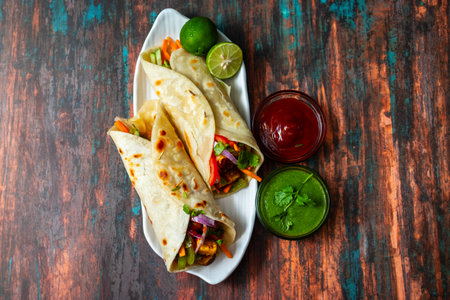 selective focus of Indian food "Paneer Roll" or "paneer kathi roll".の写真素材