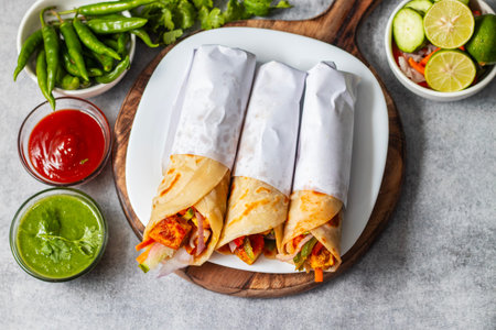selective focus of Indian food "Paneer Roll" or "paneer kathi roll".の写真素材