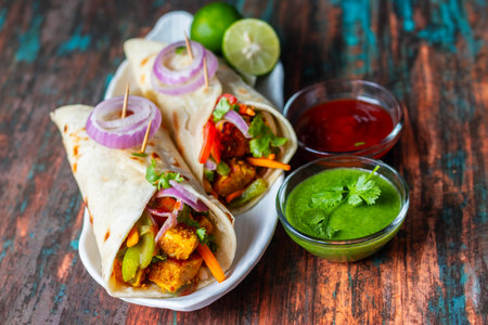 selective focus of Indian food "Paneer Roll" or "paneer kathi roll".の写真素材