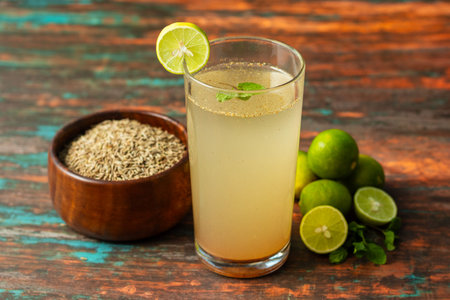 soaking raw cumin seeds drinks or cumin powder drinks called "Jal jeera" in India for healthy digestion.の写真素材