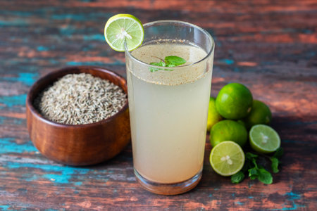 soaking raw cumin seeds drinks or cumin powder drinks called Jal jeera in India for healthy...