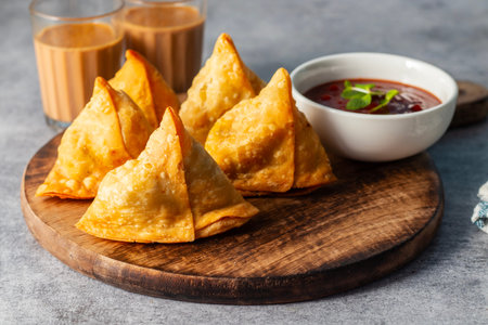 Fried samosas with tomato sauce on a wooden board.