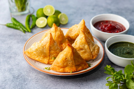 Fried samosas served with ketchup and green chutneyの写真素材