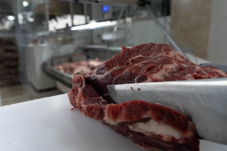 Cutting of Argentine meat in butchery with knife