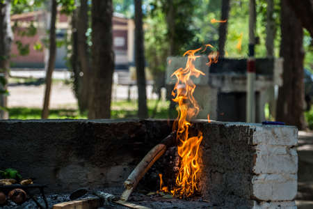 campfire on Argentine churrasquera, vegetables roasting on the grill, landscape and house in the backgroundの写真素材