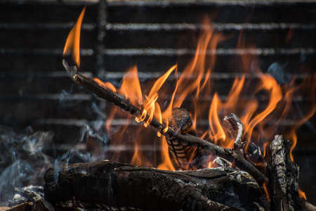 bonfire for roasting on Argentine churrasquera, grill in the backgroundの写真素材