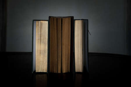 books standing side by side on wooden tableの写真素材