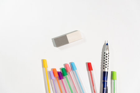 school equipment on a white tableの写真素材