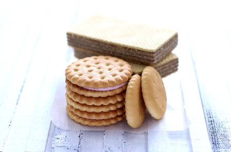 Cookies on the top of white wooden tableの写真素材