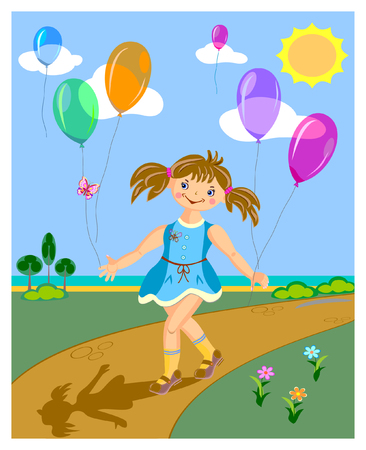 Girl with balloons goes along the road. Vector illustration.のイラスト素材