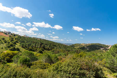 A view of a mountain range of a green forest against a dramatic back of blue sky with clouds. Travel concept hiking. A saddle between mountains, topographic saddle, North District Israelの写真素材
