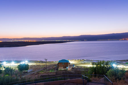 Sunrise over the Dead Sea on a foggy day. A view from Israel To Jordan Mountains.