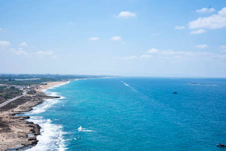 Mediterranean sea, white chalk rocks and some beaches captured from Rosh HaniKra formation in Israel.の写真素材