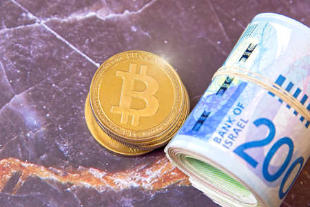 Horizontal view of cryptocurrency tokens, including Bitcoin, Ethererum Ripple, and Litecoin saw from above on Israeli Shekel ILS background.のeditorial素材