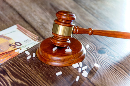 Judges hammer, New Israeli Shekel Notes, syringe and vaccine bottle on a wooden background. Concept...