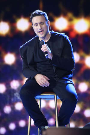 VITEBSK, BELARUS - JULY 14, 2014  British band Blue  members Antony Costa, Duncan James, Lee Ryan and Simon Webbe  perform at Slavyansky Bazar festival in Vitebsk on July 14, 2014, Belarusのeditorial素材