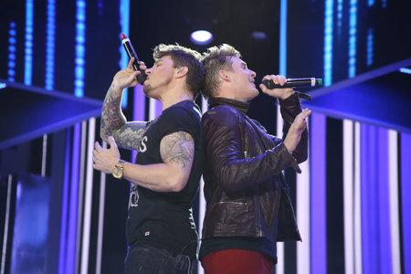 VITEBSK, BELARUS - JULY 14, 2014  British band Blue  members Antony Costa, Duncan James, Lee Ryan...