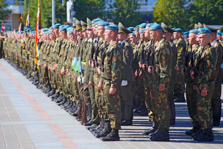 Vitebsk, Belarus - August 2, 2015: Belarus army soldiers during the celebration of the Paratroopers VDV Day on August 2, 2015 in Vitebskのeditorial素材