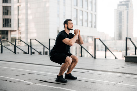 Fit man training air squat exercise. Fit male exercising crossfit outside. Young handsome caucasian...