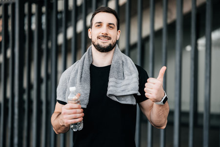 Cheerful man with smartphone in hand thumbing up. Drink more water. Urban sport concept. Man with...