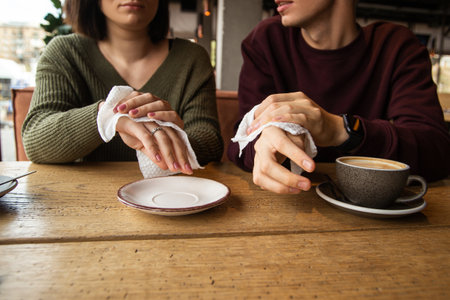 Man and woman wipes their hands with a napkin. Close up cut view of young people who cleaning hands by using white tissue paper. Cup of cappuccino or flat white. Caffe or restaurant on background.の写真素材