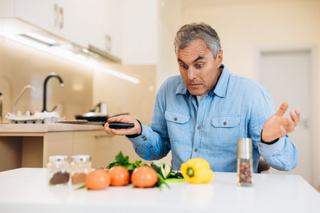 Amateur cook concept. Surprised mature man doesnt know how to cook a dish. Senior man in blue shirt throws his hands up with astonished look on his face. Blurred vegetables and spices on the table.の写真素材