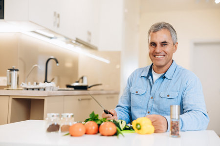 Sound mind in a sound body Smiling mature man prepares to chop the veggies to cook a vegan dish. Healthy aging concept. Modern and bright kitchen interior.の写真素材
