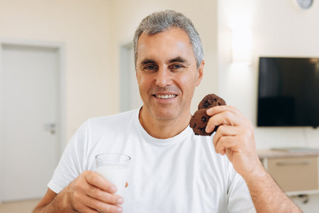 Adult man eating cookies and drinking milk. Modern light room on background. Good loking man looking at camera and smiling with teeth. Biscuits with chocolate drops.の写真素材