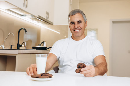 Breakfast concept. Cheerful senior man in white t-shirt has a glass of milk and chocolate cookies for a breakfast today. Smart kitchen interior with light furniture.の写真素材