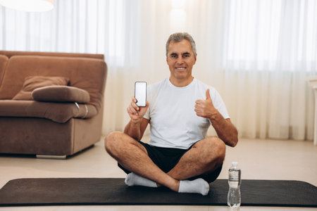 Elderly man really likes his favorite app for workout. Old man holding his smartphone, thumbing up and sitting with crossing legs. Amazing phone app. The man is satisfied with his yoga practice.の写真素材