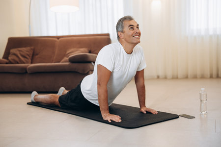 Senior man meditating while doing cobra pose in living room. Stretching exercises. Indoor shot of happy man practicing yoga. Morning workout. Plastic water bottle. Strong arms.の写真素材