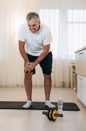 Old man feeling pain in his leg during sport workout at home. Male athlete in black and white sportswear standing on yoga mat and feeling cramps in his right leg.の写真素材