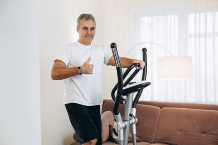 Mature happy man excercising on elliptical trainer and thumbing up. Workout at home. Cardio training using cross-trainer. White living room on background.の写真素材