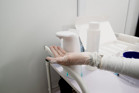 White doctors hand is being cleaned before making any step in procedure