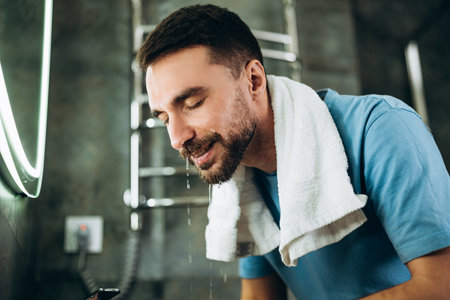 Young man with beard washing face. Person cleansing face with towel on neck wash soap in bathroom sink at homeの写真素材