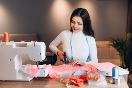 Young dressmaker woman sews clothes on sewing machine. Using scissors to cut textile in workshop....