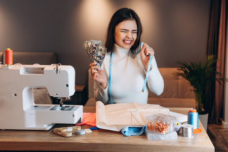 Young dressmaker woman sews clothes on sewing machine. Looks happy holding tape measure and money in...