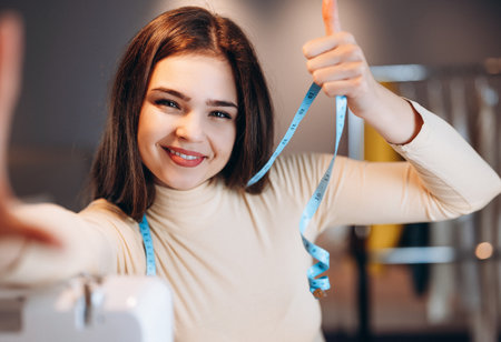 Young dressmaker woman taking selfie. Seamstress in workshopの写真素材